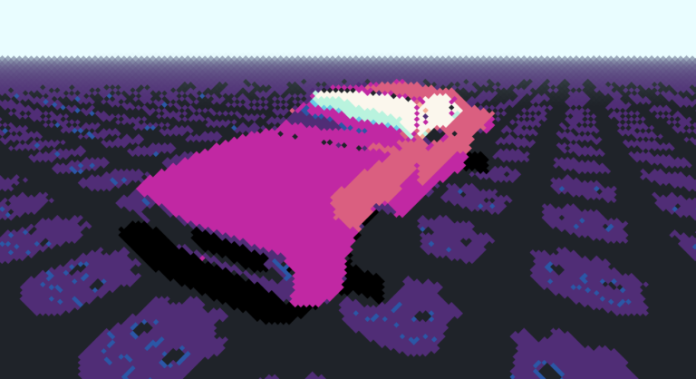 Angled pixelation with color palette quantization and fog