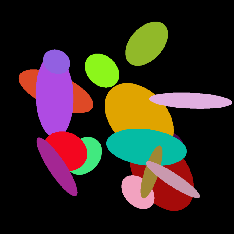 Multiple ellipses with random size, position, rotation, color